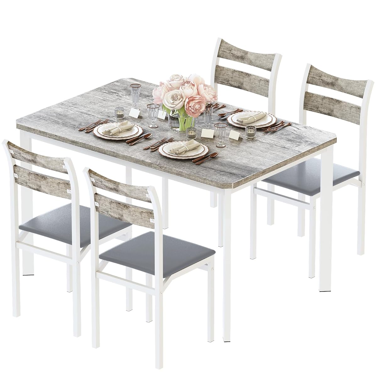 Dining Table Set for 4, 43.3" Dining Room with 4 Upholstered PU Leather Chairs, Modern Wood Table and Chairs Set, 5-Piece Dinette Breakfast Nook, Small Places, Grey