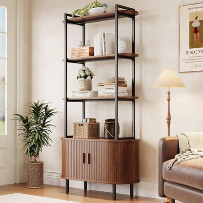 4 Tier Bookshelf with Cabinet, 71" Tall Display Bookcase Walnut