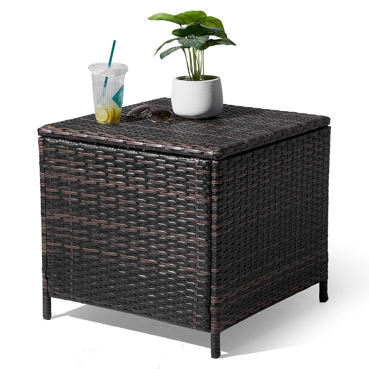 Outdoor Side Table with Storage, 27-Gallon Patio Deck Box Outdoor Wicker Side Table for Poolside Balcony Storage Table (Brown, Square)