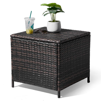 Outdoor Side Table with Storage, 27-Gallon Patio Deck Box Outdoor Wicker Side Table for Poolside Balcony Storage Table (Brown, Square)
