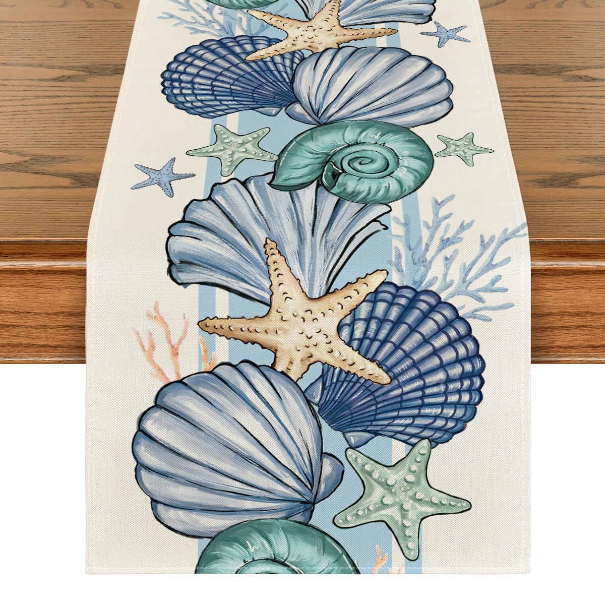 Sea Shell Starfish Summer Table Runner,Spring Ocean Kitchen Dining Table Decoration for Home Party Decor 13x72 Inch