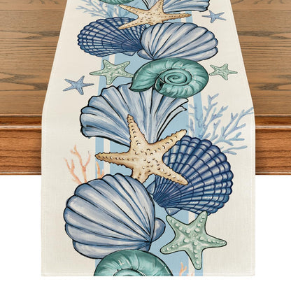 Sea Shell Starfish Summer Table Runner,Spring Ocean Kitchen Dining Table Decoration for Home Party Decor 13x72 Inch