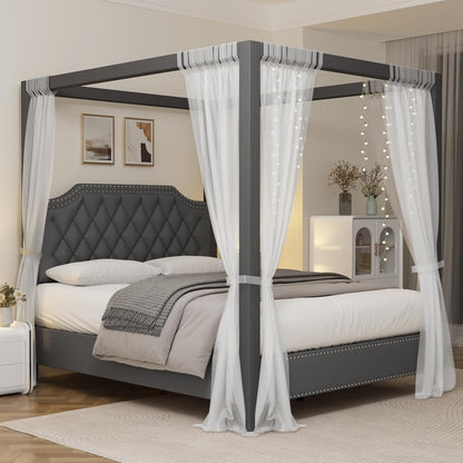 Full Size Canopy Bed Frame with Nailhead Decoration Headboard