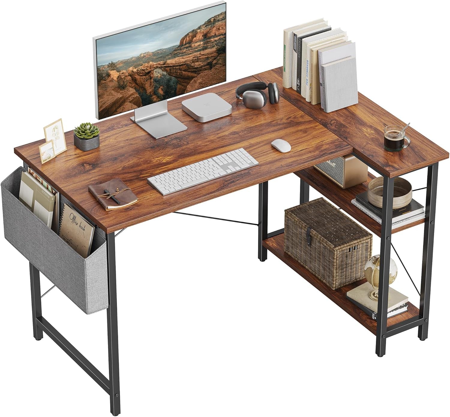 L Shaped Desk, 40 Inch Computer Desk with Reversible Storage Shelves Home Office Corner Desk Study Writing Table, Rustic Brown