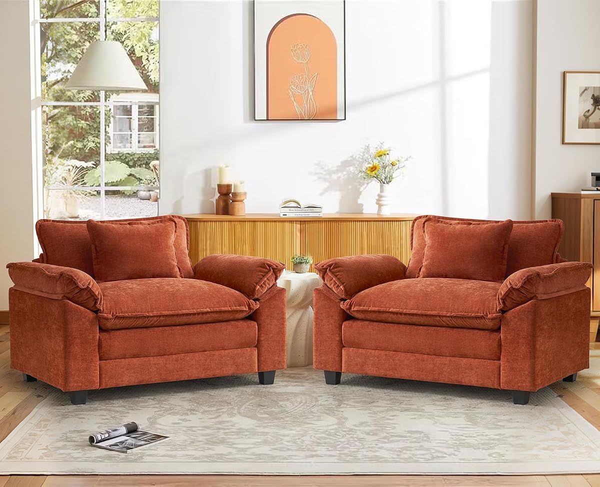 Oversized Accent Chair, Chenille Comfy Cloud Sofa Chair with Large Seat and Upholstered Armrests, Modern Extra Wide Armchair Reading Chairs for Bedroom, Living Room,Set of 2,Terracotta Orange