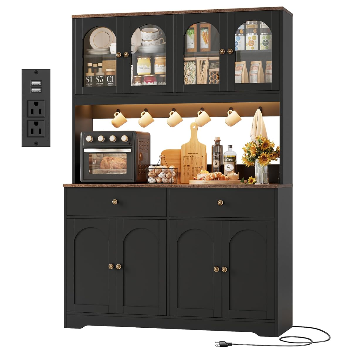 71" LED Kitchen Pantry Cabinet with Power Outlet, Tall Hutch, Black