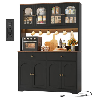 71" LED Kitchen Pantry Cabinet with Power Outlet, Tall Hutch, Black