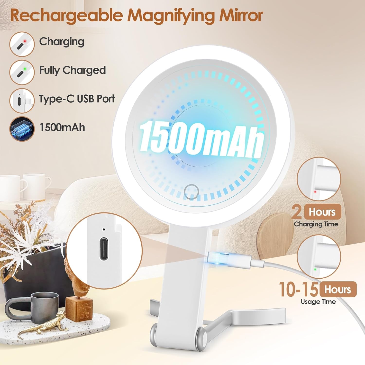 Magnifying Mirror with Light, Double Sided 30X/1X Lighted Travel Makeup Mirror with Magnification, 3 Color Lighting, Dimmable Touch Screen, Adjustable & Foldable Hand Mirror (White)