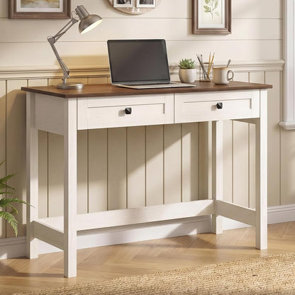 Farmhouse Writing Desk with Drawer, 40 Inch Wooden Small White Desk