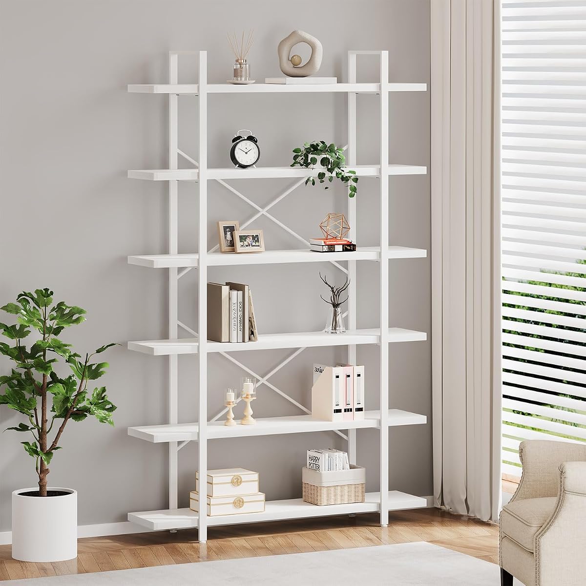 6 Tier Tall White Bookshelf, Industrial Modern Vertical Metal and Wood White Bookcases 6 Shelf,Farmhouse Open Large Storage Book Shelves & Display Book Shelf for Bedroom Living Room Office