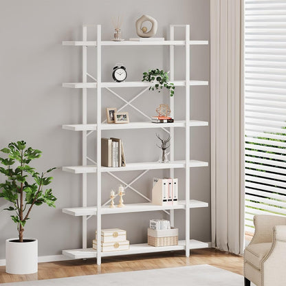 6 Tier Tall White Bookshelf, Industrial Modern Vertical Metal and Wood White Bookcases 6 Shelf,Farmhouse Open Large Storage Book Shelves & Display Book Shelf for Bedroom Living Room Office