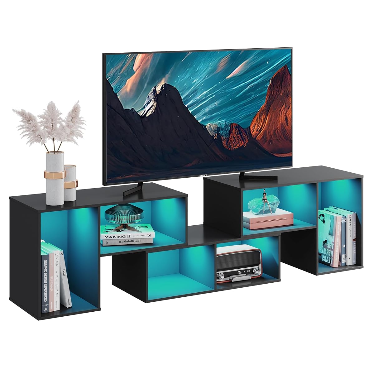 TV Stand, Deformable TV Stand with LED Strip, Modern Entertainment Center, Gaming Media 3 Pieces Console Cabinet for Living Room, Bedroom, Black