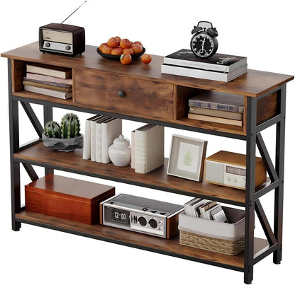 Console Table with Drawer Shelves, Entryway Table with 3 Tier Storage Shelves, Industrial Wood Hallway Sofa Table for Living Room, Couch, Foyer, Kitchen Counter, 47 Inch Rustic Brown