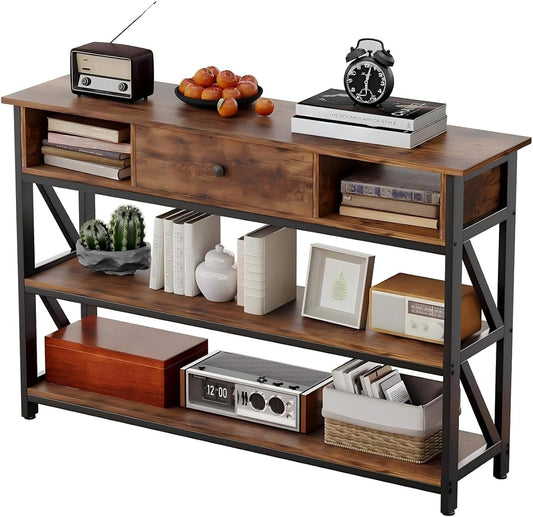 Console Table with Drawer Shelves, Entryway Table with 3 Tier Storage Shelves, Industrial Wood Hallway Sofa Table for Living Room, Couch, Foyer, Kitchen Counter, 47 Inch Rustic Brown