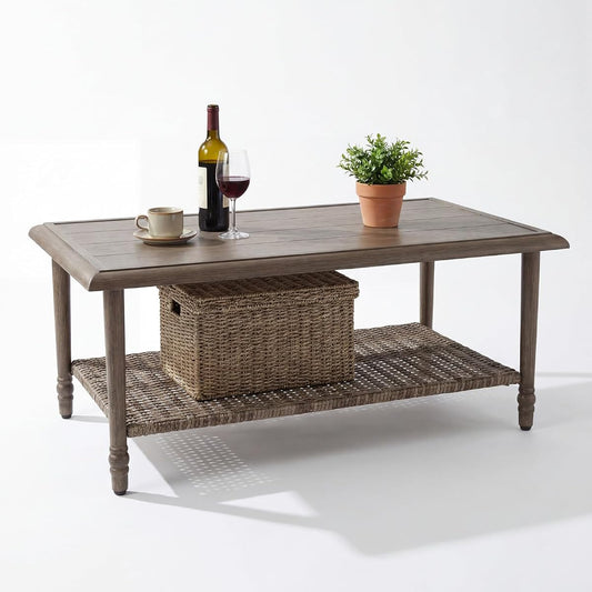 Brown metal and wicker rectangular outdoor coffee table with storage