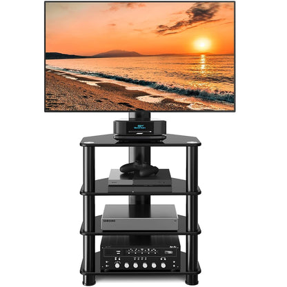TAVR 4-Tiers Media Component Swivel TV Stand for 32-70 inch TVs | Height Adjustable TV Mount Stand with Tempered Glass Audio Shelf, Floor Tall TV Stand for Bedroom, Living Room, Office, Black
