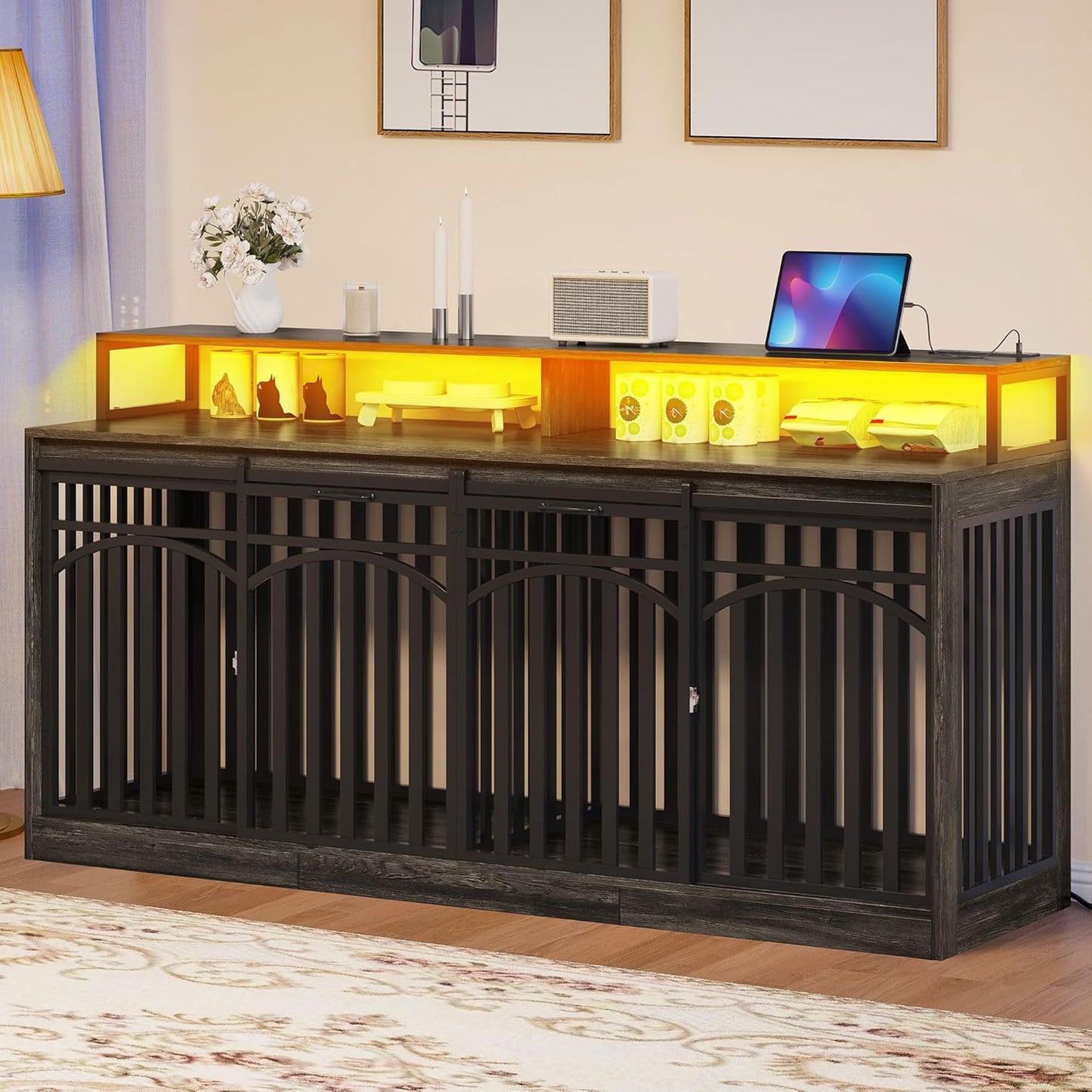 71" Double Dog Crate Furniture with LED Light & Power Outlets, Heavy Duty Dual Dog Kennel TV Stand W Storage Shelves Sliding Doors, Wooden Two Dog Cage Table 2 Medium Large Dogs, Black Oak