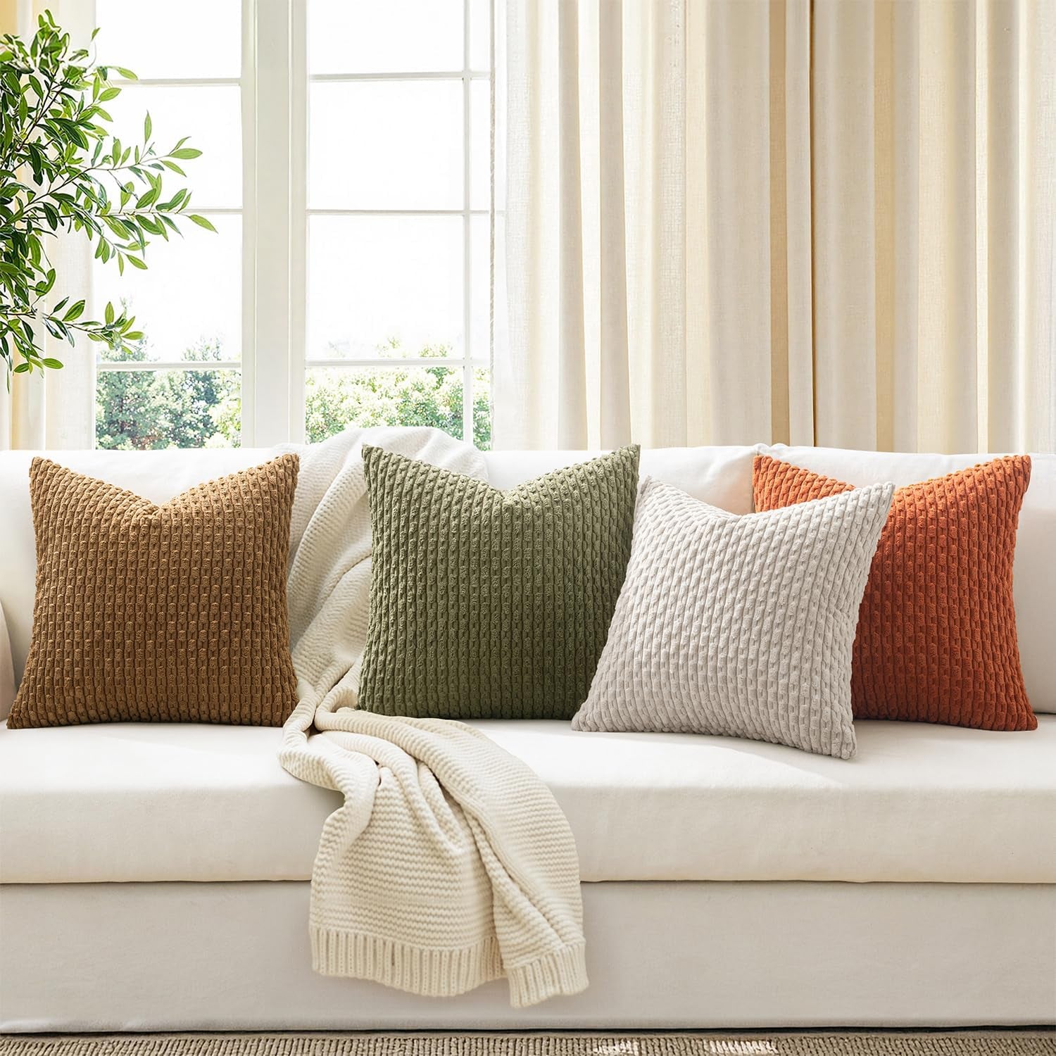 Fall Throw Pillow Covers Soft Couch Decorative Set of 4 Boho Striped Cushion Covers Corduroy Pillowcases Farmhouse Home Decor for Couch Bed Sofa Living Room 18X18 Inch Camel Green