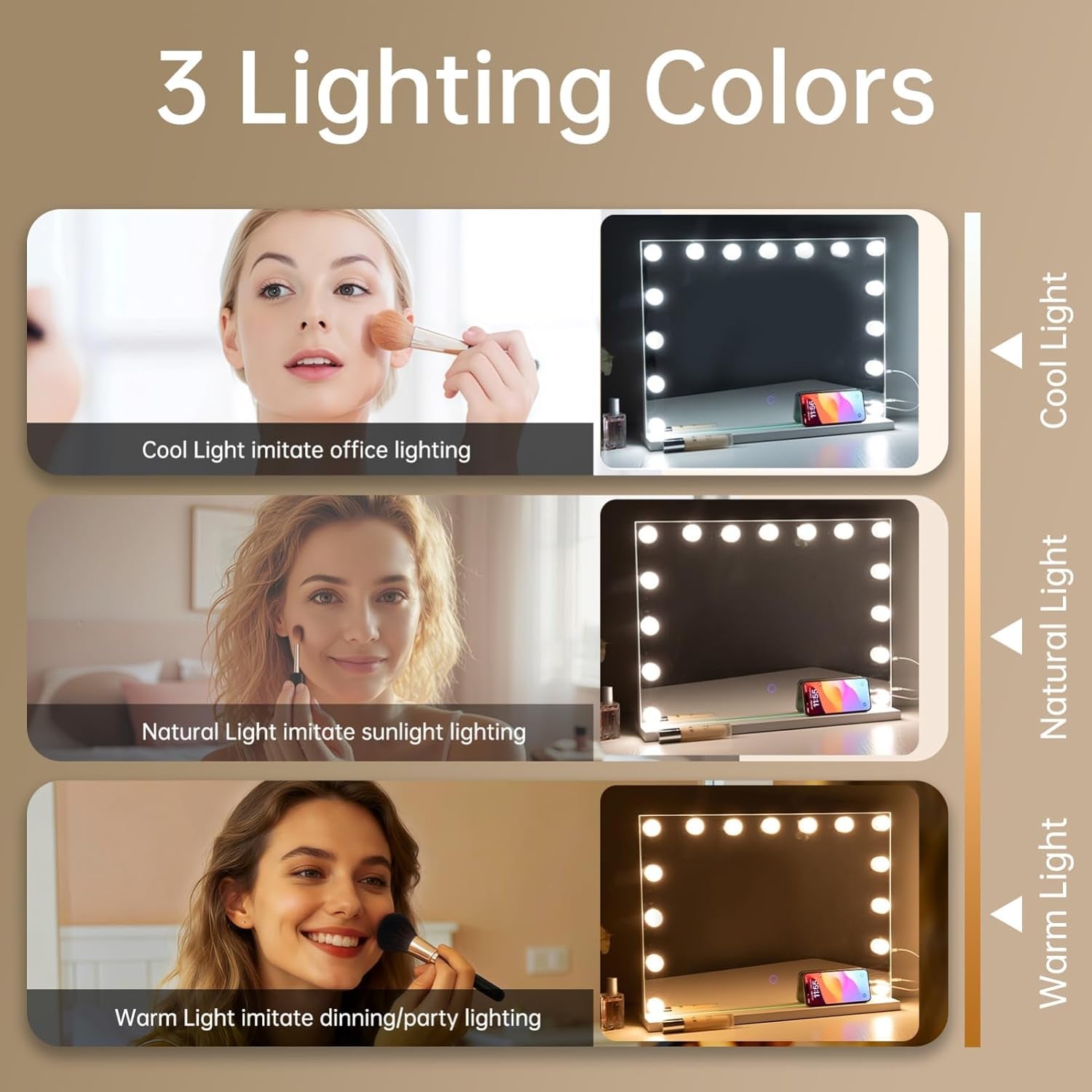 Hollywood Vanity Mirror with Lights, 23"X18" Lighted Makeup Mirror with 10X Magnifying for Desk/Wall Mount, 15 Led Bulbs, 3 Lighting Modes for College Dorm, Bedroom & Dressing Room (White)