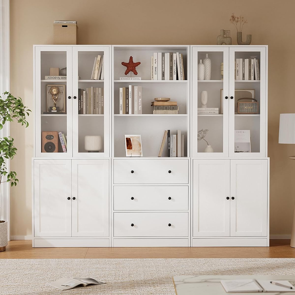71" H Bookshelf with Storage, 6-Tier Modern Bookshelves with 3 Large Drawer, Display Bookcase with Glass Doors, Modern 5-Tier Curio Cabinet for Home Office, Dining Room (White, ABA)