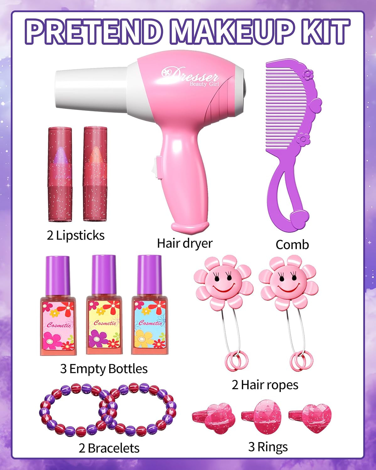 Toddler Makeup Table with Mirror and Chair, Kids Makeup Vanity Set with Accessories and Lights and Music Sound for Girls, Toddlers 3-5 Years Old