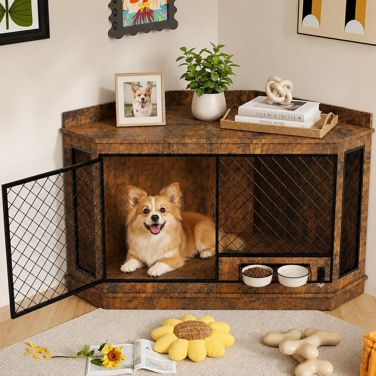51.3-Inch Corner Dog Crate Furniture with 360° Rotating Feeder, XL Kennel