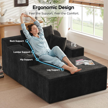 67 Inches Chaise Lounge Chair Indoor, Oversized Boneless Couch with 3 Throw Pillows and Armrests, Corduroy Upholstered Plush Sofa Bed with Storage, Lazy Chair Bed Sleeper for Living Room, Black