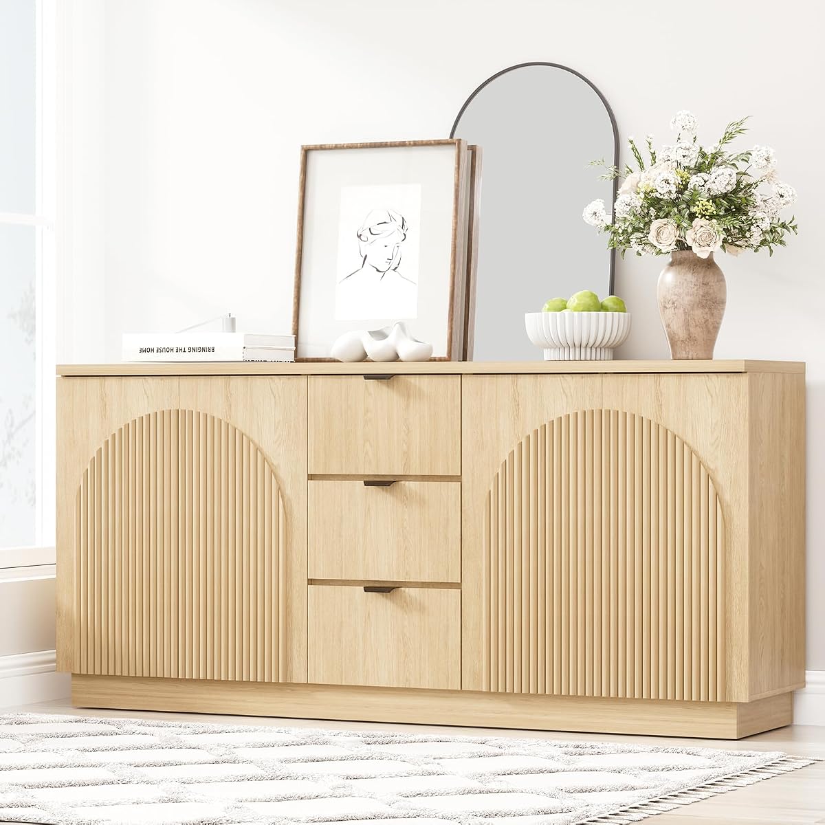67" Fluted Sideboard Buffet Cabinet with 4 Arched Reeded Design Doors &3 Drawers, Mid Century Modern Credenza Storage Cabinet with Adjustable Shelves, for Living Room Dinning Hallway