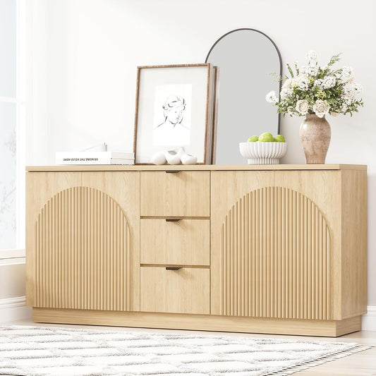 67" Fluted Sideboard Buffet Cabinet with 4 Arched Reeded Design Doors &3 Drawers, Mid Century Modern Credenza Storage Cabinet with Adjustable Shelves, for Living Room Dinning Hallway