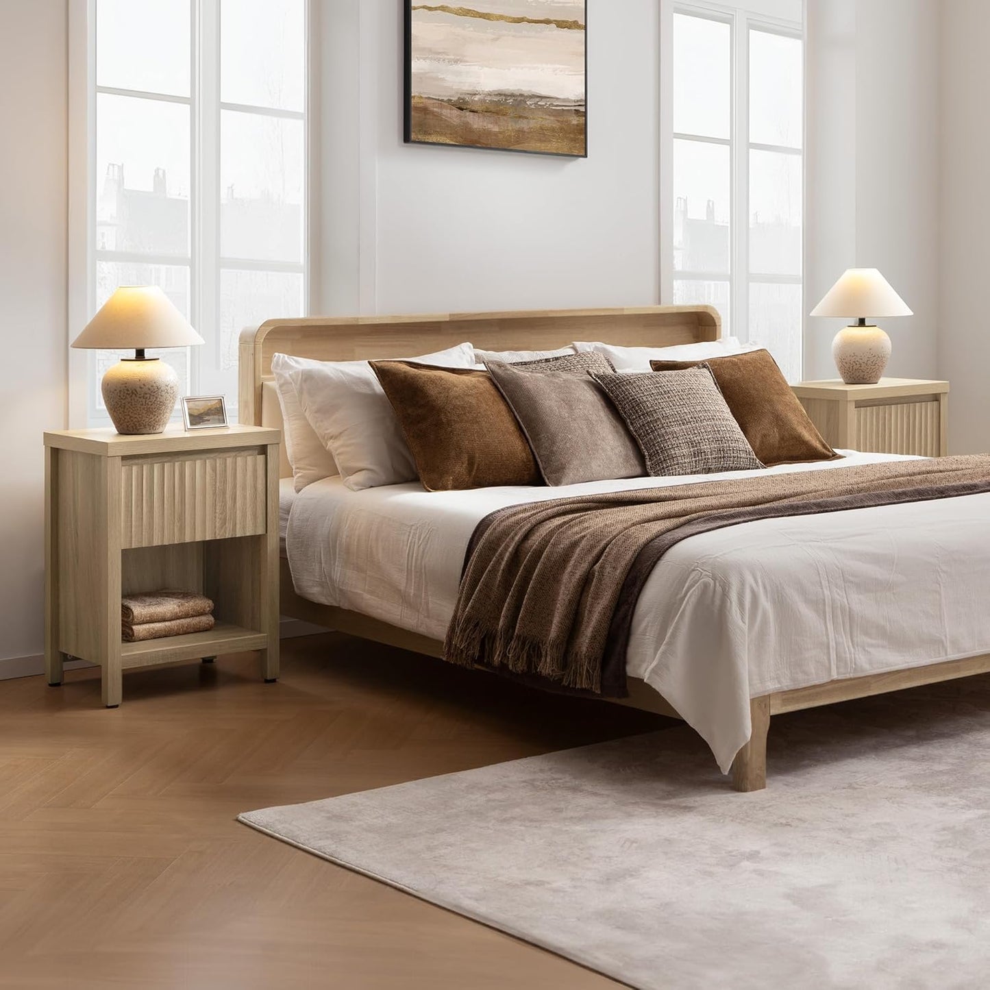 Fluted Night Stand Set of 2, Farmhouse Nightstands with Drawer, Boho Bedside Table with Storage Shelf, Large End Tables Bed Side Tables for Bedroom, Light Oak