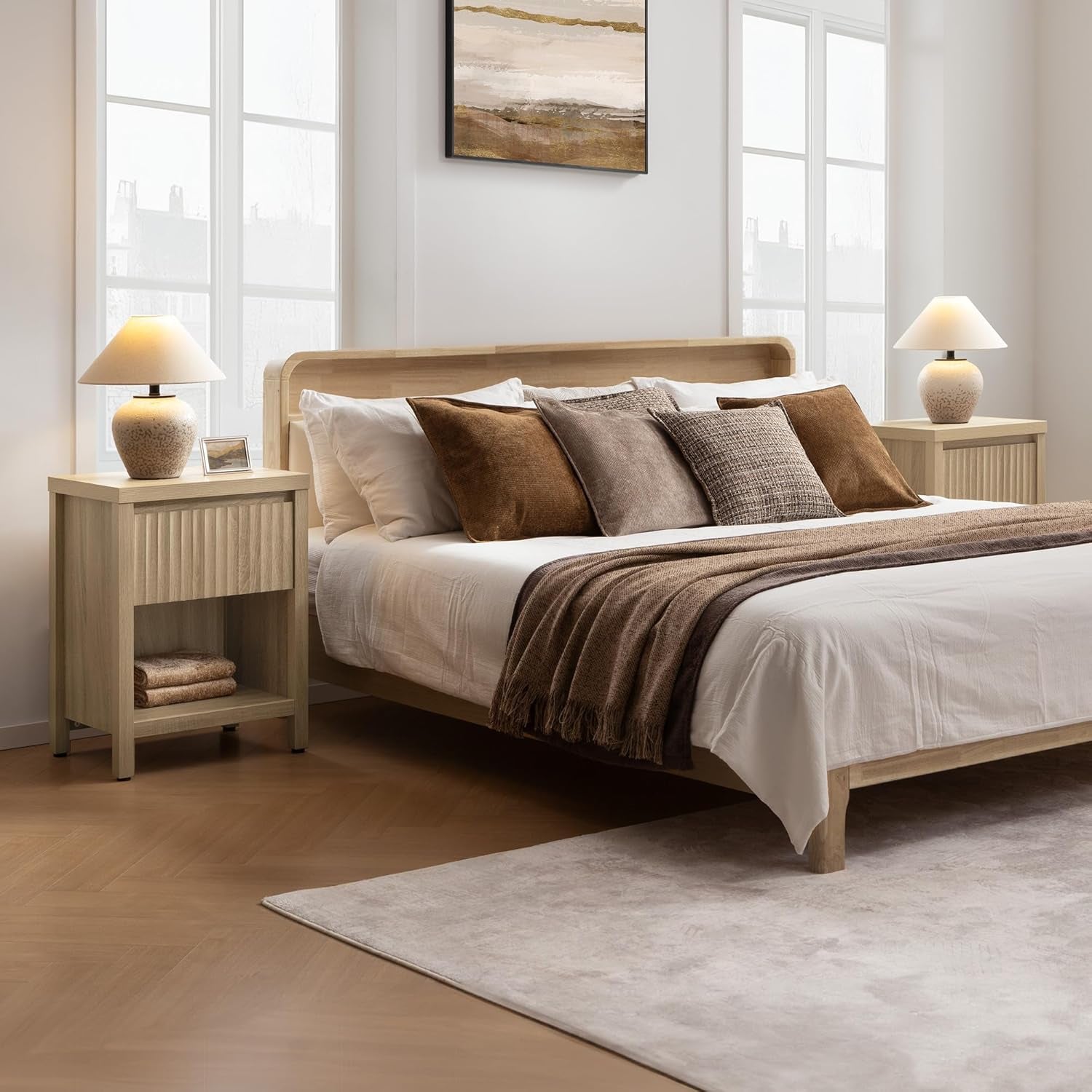 Fluted Night Stand Set of 2, Farmhouse Nightstands with Drawer, Boho Bedside Table with Storage Shelf, Large End Tables Bed Side Tables for Bedroom, Light Oak