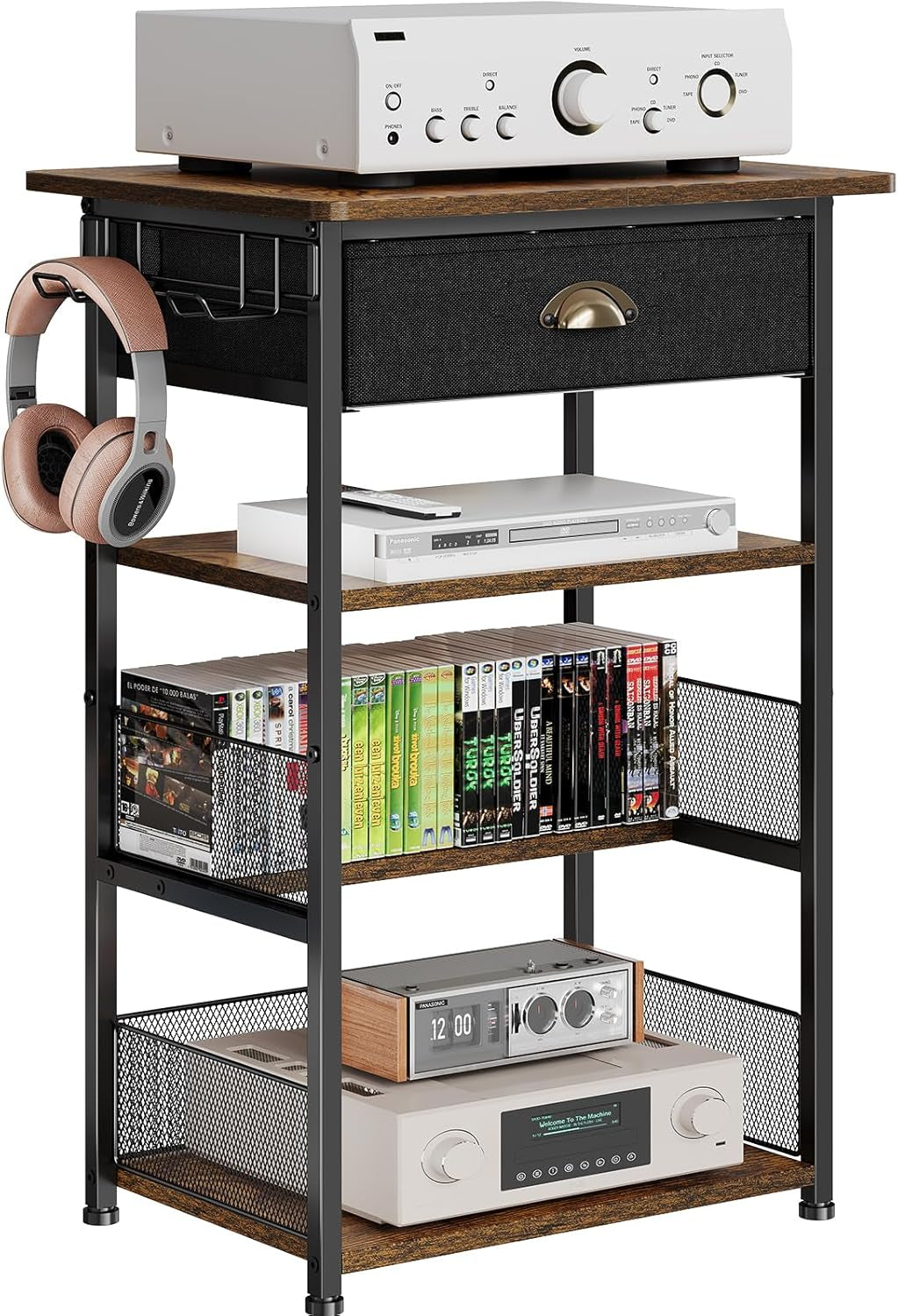 4-Tier AV Media Stand with Drawer, Video Game Console Shelf with 2 Hooks, Audio Rack Tower Perfect For/Xbox/ Ps5/Switch/Game Consoles/Dvd/Record Player/Projector/Sky Box/Tv Accessories