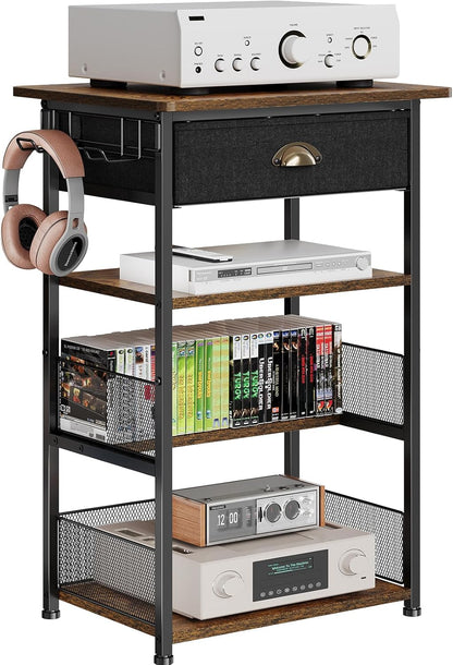 4-Tier AV Media Stand with Drawer, Video Game Console Shelf with 2 Hooks, Audio Rack Tower Perfect For/Xbox/ Ps5/Switch/Game Consoles/Dvd/Record Player/Projector/Sky Box/Tv Accessories