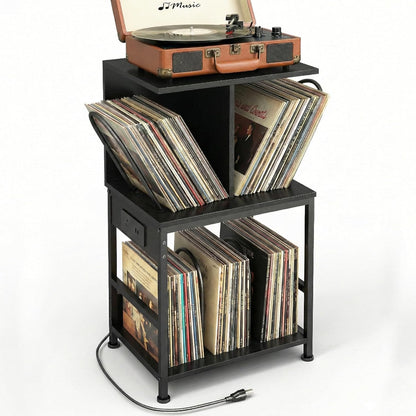 Record Player Stand with Vinyl Storage, Large Record Table Holds 180 Albums, Vinyl Record Storage Stand with USB Charger, Multi-Functional Side Table & Shelf for Living Room Bedroom
