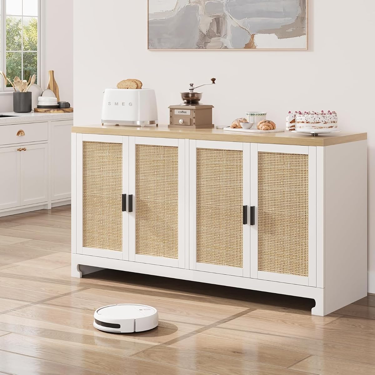 GAOMON 60" Rattan Buffet Cabinet - 4-Door Woven Storage Sideboard with Adjustable Shelves, White Farmhouse Console Table for Dining Room, Living Room & Entryway