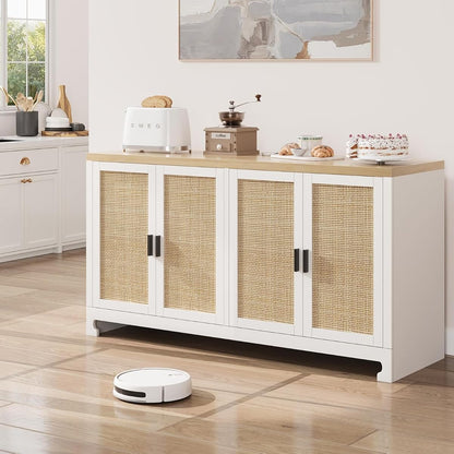 GAOMON 60" Rattan Buffet Cabinet - 4-Door Woven Storage Sideboard with Adjustable Shelves, White Farmhouse Console Table for Dining Room, Living Room & Entryway
