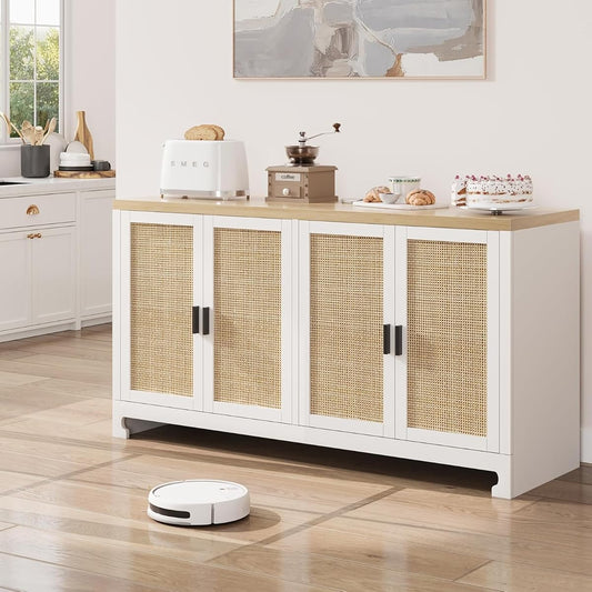 GAOMON 60" Rattan Buffet Cabinet - 4-Door Woven Storage Sideboard with Adjustable Shelves, White Farmhouse Console Table for Dining Room, Living Room & Entryway