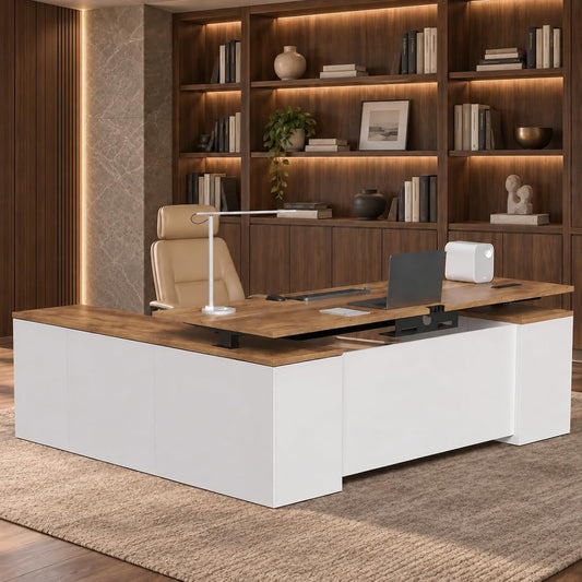 71" L Shaped Executive Desk with File Cabinet Drawers Outlet USB