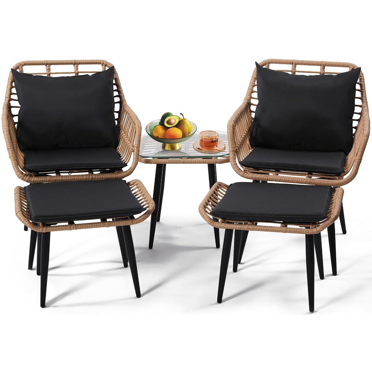 5 Piece Wicker Bistro Patio Conversation Furniture Set, Natural | Includes 2 Chairs, 2 Ottomans, and Side Table, Ideal for Porch, Balcony, Deck, Backyard