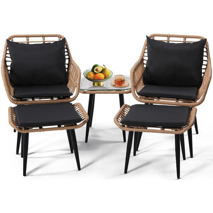 5 Piece Wicker Bistro Patio Conversation Furniture Set, Natural | Includes 2 Chairs, 2 Ottomans, and Side Table, Ideal for Porch, Balcony, Deck, Backyard