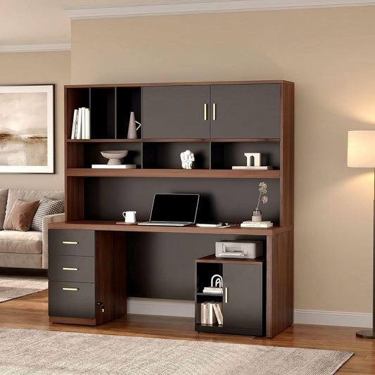 Computer Desk with Hutch & File Cabinet, 72.8" Home Office Desk Set with Under Desk Printer Stand, Office Desk with Hutch Built in Power Outlet, USB/Type-C, Black Walnut
