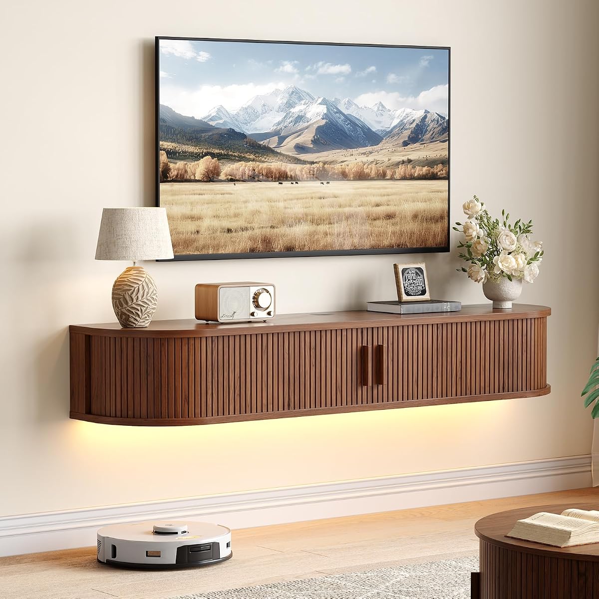 55" Floating TV Stand, Wall Mounted Entertainment Center Walnut