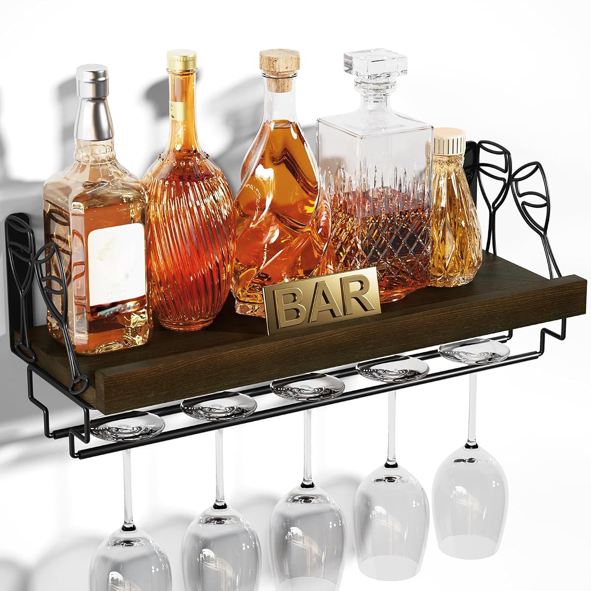 Wine Rack with Stemware Hanger,Solid Wood,17inch,Dark Brown | Wine Glass Rack,Floating Wall Shelf,Easy to Install,40 Lbs/shelf,For Kitchen,Dinning Room,Home Bar,Living Room,Elegant Design