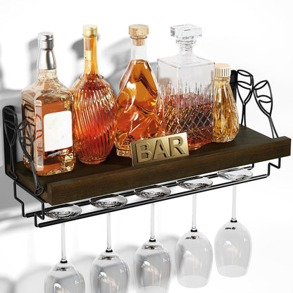 Wine Rack with Stemware Hanger,Solid Wood,17inch,Dark Brown | Wine Glass Rack,Floating Wall Shelf,Easy to Install,40 Lbs/shelf,For Kitchen,Dinning Room,Home Bar,Living Room,Elegant Design
