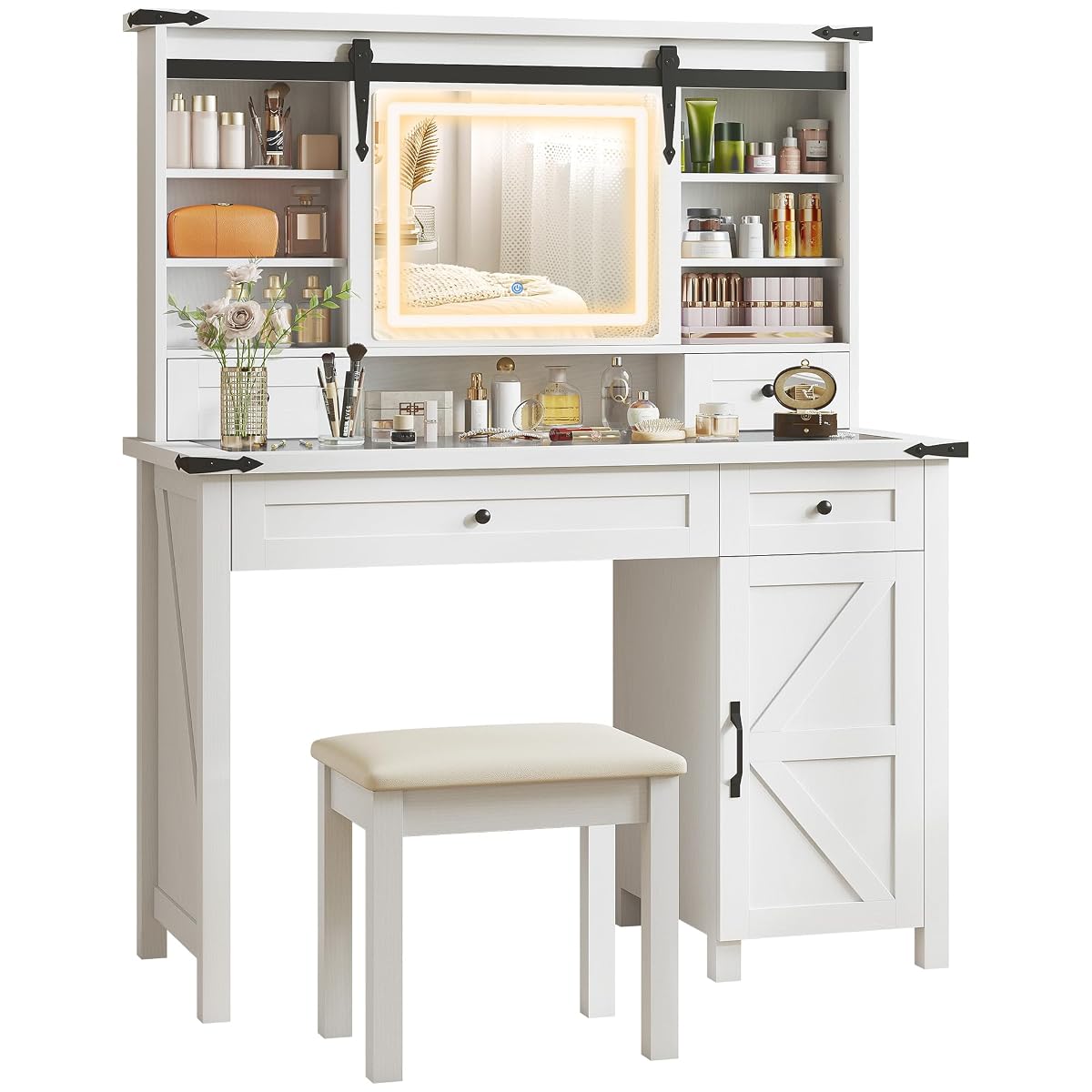Farmhouse Vanity Desk with Mirror, LED Lights, Stool, White