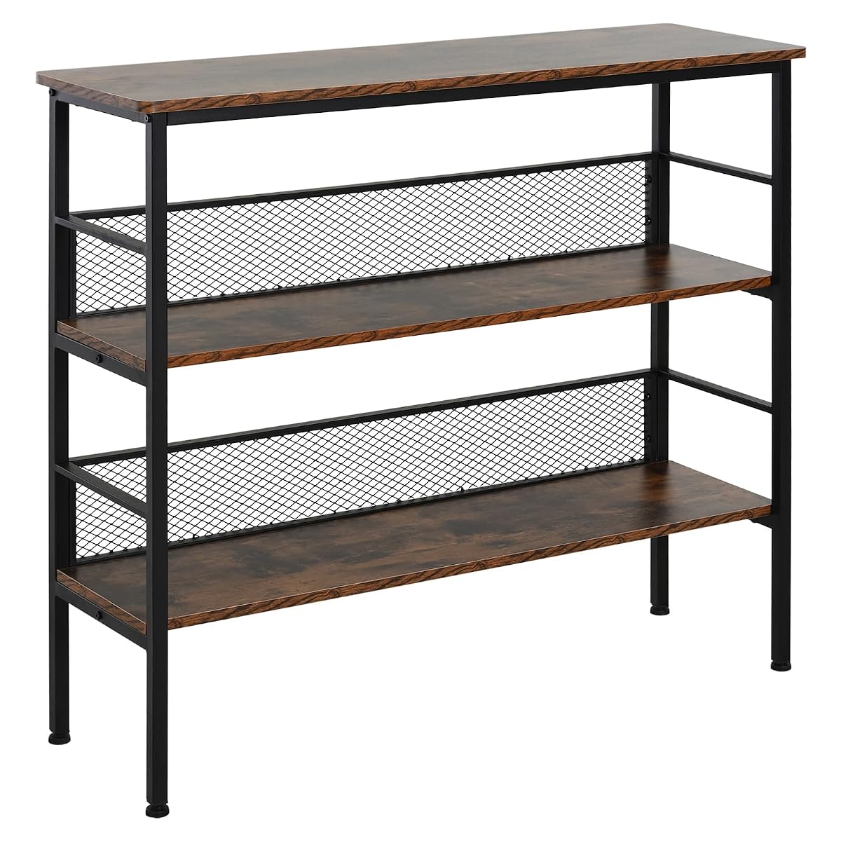 Black three tier industrial metal and wood console table