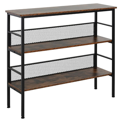 Black three tier industrial metal and wood console table