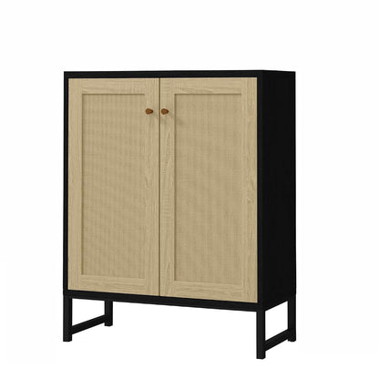 Rattan Decorated 2 Doors Storage Cabinet Accent Cabinet Living Room Cupboard Kitchen Sideboard Buffet Table (Black)