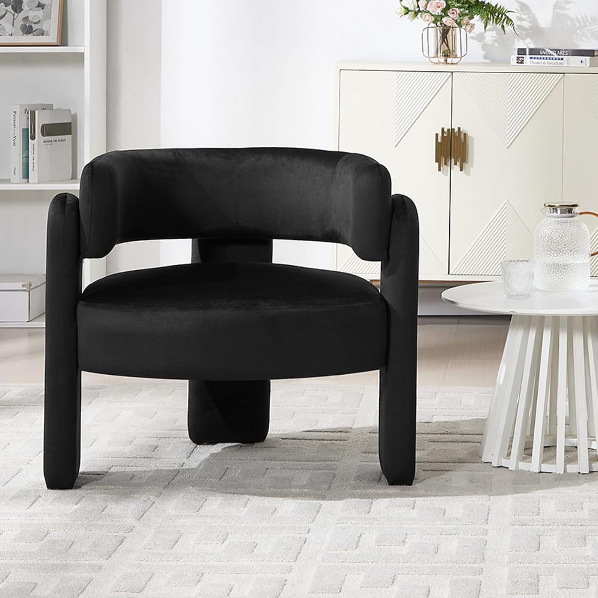 Barrel Accent Chair, Mid Century Modern Upholstered Living Room Chairs with Wooden Legs, Comfy Velvet Reading Arm Chair for Bedroom, Makeup Room, Black