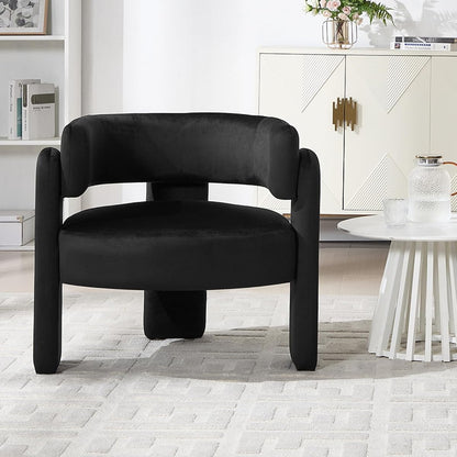 Barrel Accent Chair, Mid Century Modern Upholstered Living Room Chairs with Wooden Legs, Comfy Velvet Reading Arm Chair for Bedroom, Makeup Room, Black